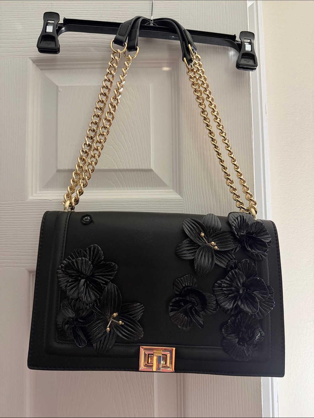 INC Black Floral Appliqué Chain-Handle Shoulder Bag